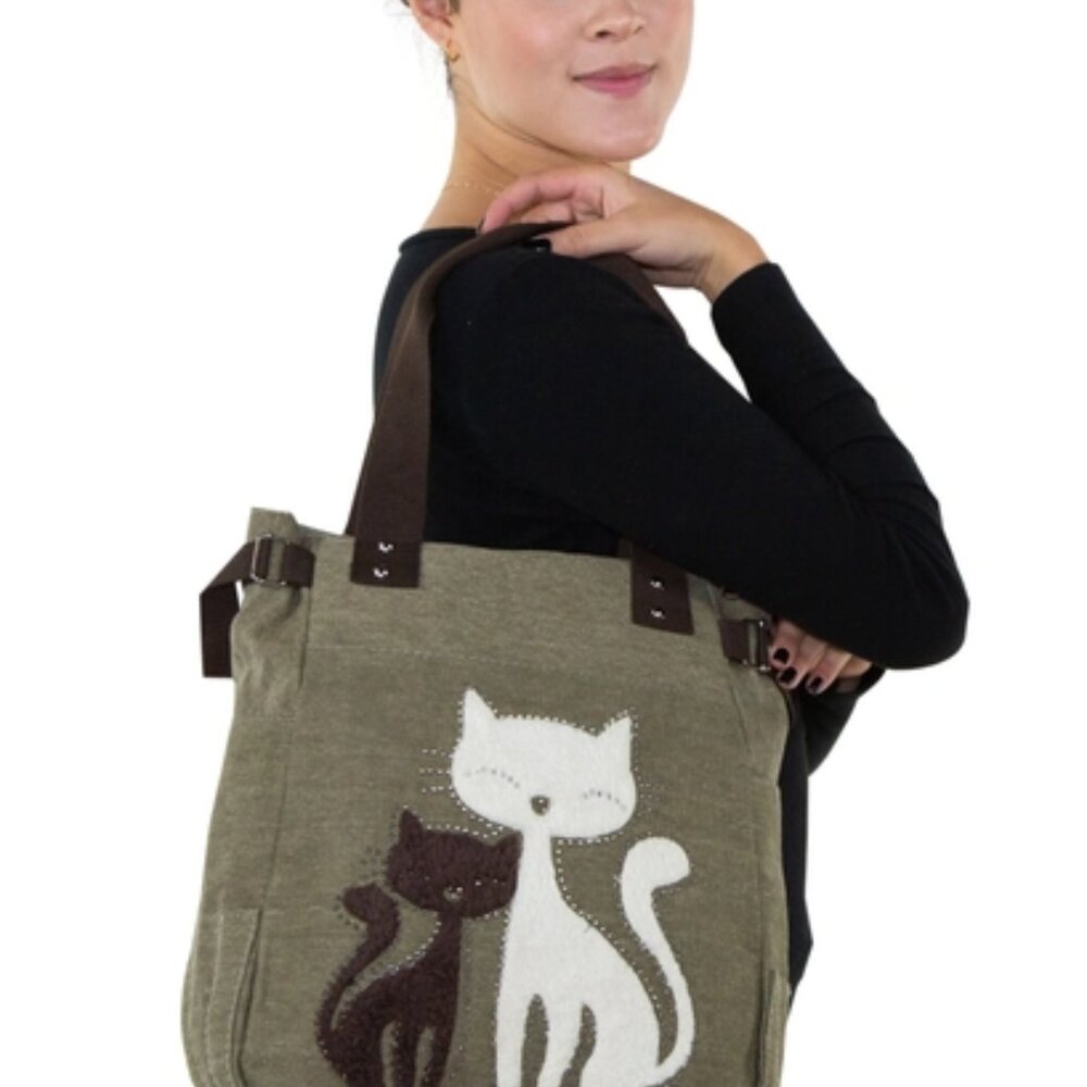 Lovely Cats with Faux Fur and Studs Canvas Tote Bag NEW! - Picture 3 of 3